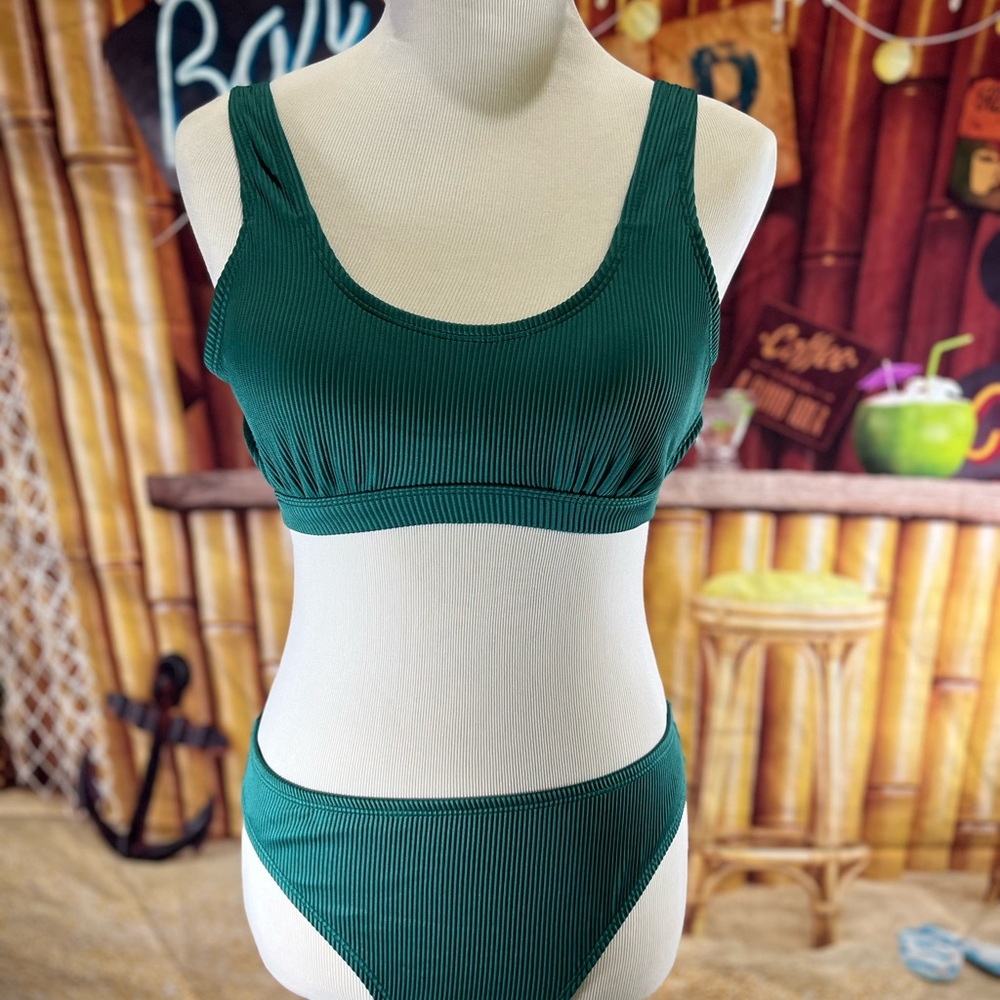 Cupshe Ribbed Cutout Bikini Set - Green, Size Medium
